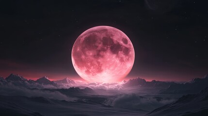 A stunning pink moon rises over a serene landscape, casting an enchanting glow across the ethereal mountains and clouds below.