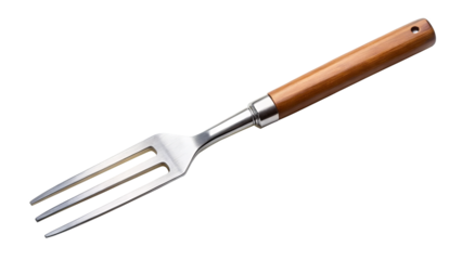 stainless steel grill fork with wooden handle, perfect for barbecuing and grilling. Its sleek design and sturdy construction make it essential tool for outdoor cooking