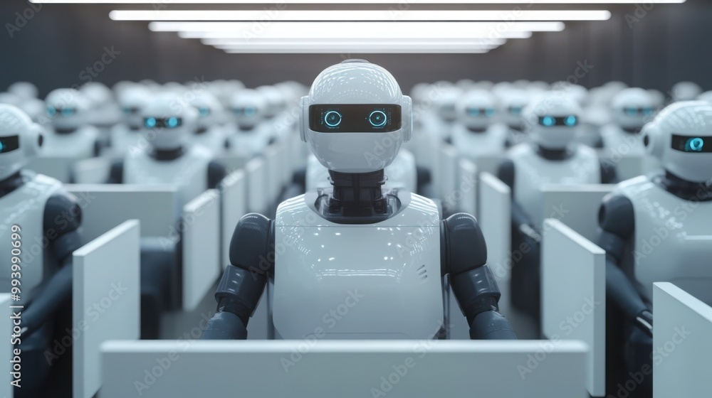 Poster robots in an empty office replacing human workers