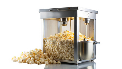 Freshly popped popcorn spills from stainless steel popcorn maker, showcasing its shiny exterior and inviting aroma. This classic machine is perfect for movie nights