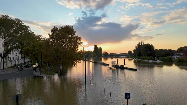 Floods on the river R&aacute;ba in Győr Hungary - high water levels