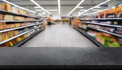 Tabletop in a supermarket. Black countertop against the backdrop of a grocery store. Empty concrete platform for product presentation. shopping in supermarket. shopping cart in supermarket