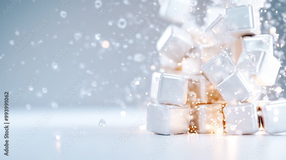 Poster ice cubes cascade through the air, creating a mesmerizing splash as they hit the surface. this playf