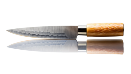 sushi knife with sharp, serrated blade and wooden handle reflects beautifully on clean white background, showcasing its craftsmanship and elegance