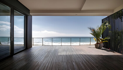 Terrace with panoramic windows overlooking the sea. Black balcony room with access to the beach. Studio mockup in modern interior design.