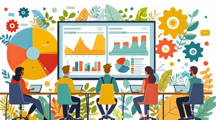 Fototapeta premium Business team collaboration meeting with infographic data presentation on projector screen dashboard, flat vector concept illustration of teamwork, training and analysis of company performance metrics