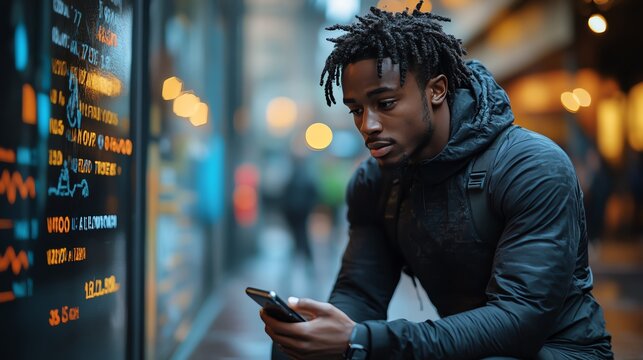 Focused young man checks stock market data on phone amid city lights. Urban tech lifestyle and financial trading concept. - Powered by Adobe