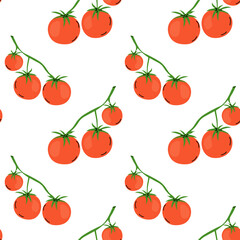 Brightly colored tomatoes hanging on green vines against a white background in a seamless pattern