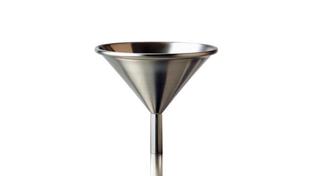 sleek metal funnel on clean white background, showcasing its smooth surface and conical shape. This image highlights funnels practical design and functionality