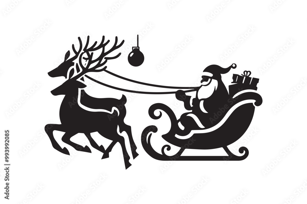 Wall mural santa claus and his reindeer christmas sleigh sled vector elements silhouette isolated in white back