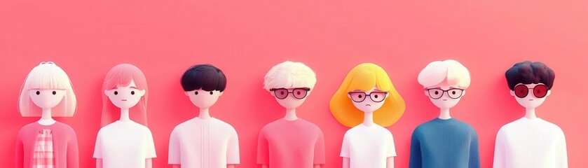 Obraz premium Group of students, peer pressure to fit in, nervous looks and subtle tension, flat design illustration