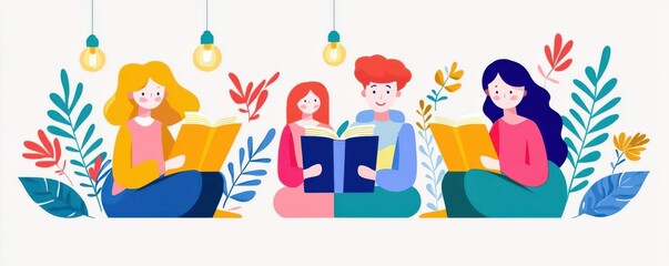 Students setting learning goals with enthusiasm, motivated for academic success, flat design illustration