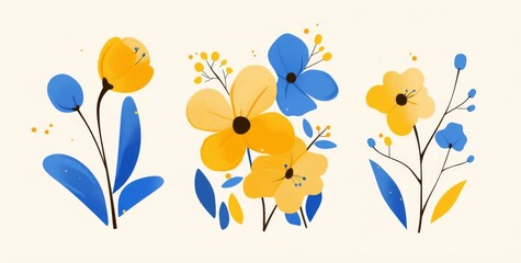 Three frame art of  yellow and blue flower icons, simple shapes, on a white background