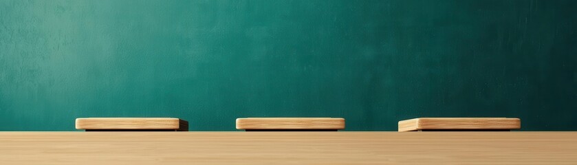 Minimalist wooden shelves against a green wall, isolated background.