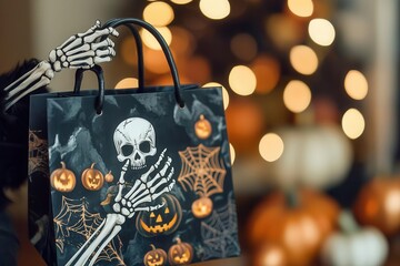 Obraz premium Skeleton hand holding Halloween themed gift bag, white isolate background.