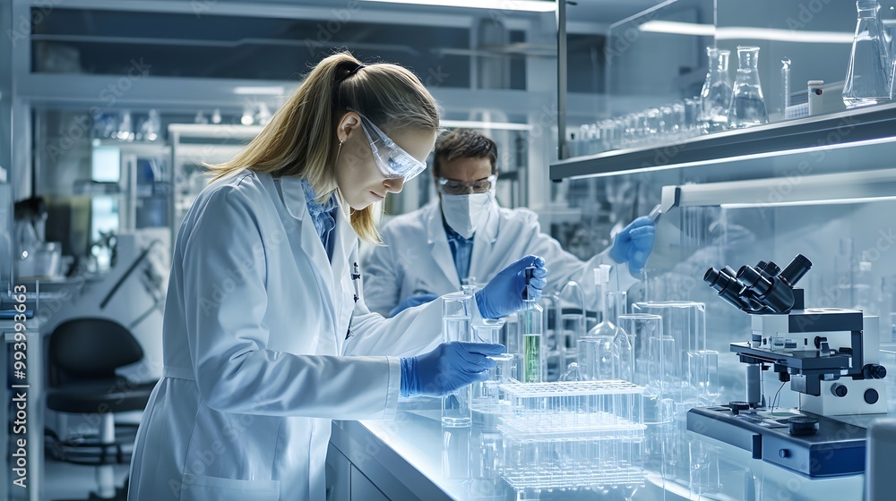 Poster scientists working in a modern laboratory with glassware and a microscope