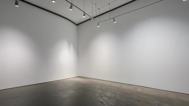 A minimalist empty gallery space with clean white walls and soft lighting, hinting at an exhibition potential