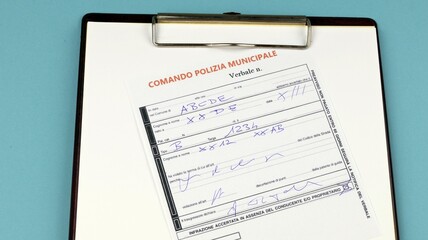 Obraz premium Traffic fine violation Police crime in Italy, form in office blue background copy space.