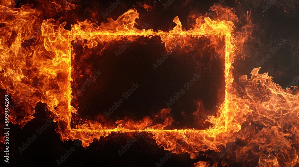 Poster a rectangular frame engulfed in fire against a dark background, creating a dramatic and intense visu