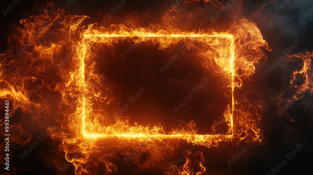 Poster a rectangular frame engulfed in fire against a dark background, creating a dramatic and intense visu