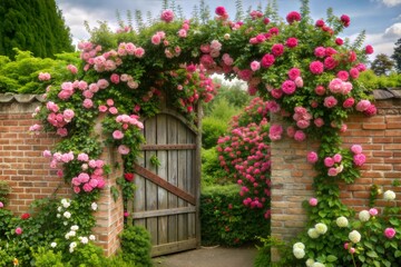 Wooden gate adorned with climbing roses in picturesque garden