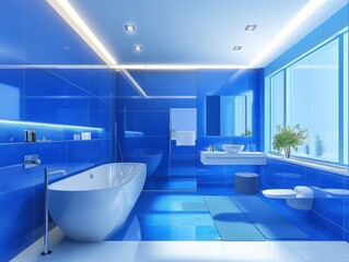Modern Blue Bathroom with Sleek Fixtures and Freestanding Tub