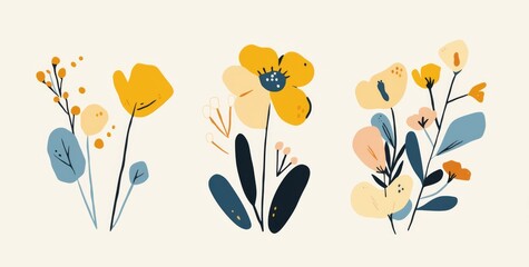 Three frame art with yellow  geometric flower shapes on a white background.  