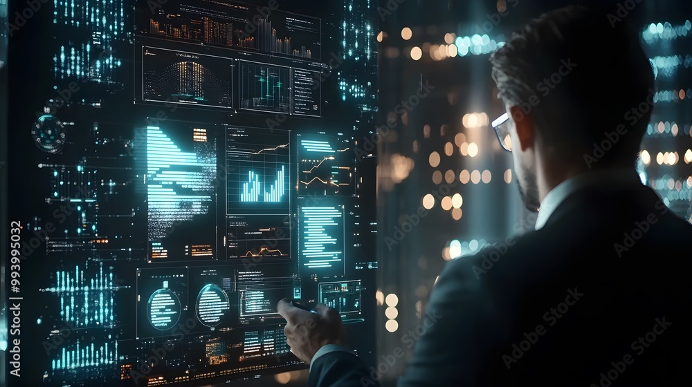 Poster man interacting with digital data display in a dark setting