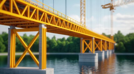 Steel and concrete bridge under construction, robotic arms lifting modular sections into place over a wide river, Modern, 3D Render