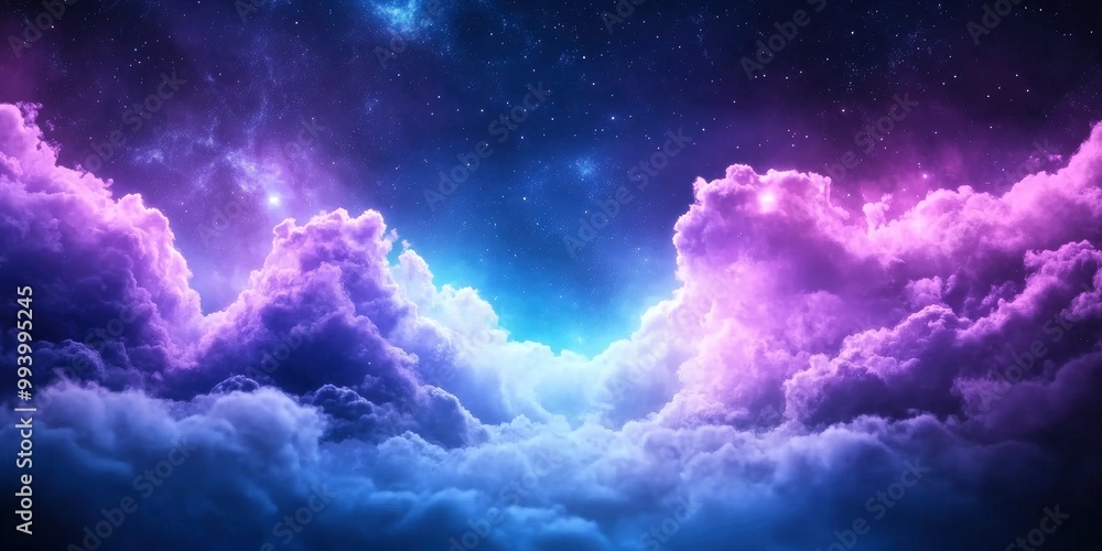 Wall mural glowing fluffy cloud with blue and purple color dark outer space background