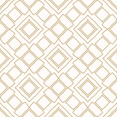 Abstract vector geometric seamless pattern. Simple golden linear ornament with diamonds, floral silhouettes, repeat tiles. Gold and white minimal background. Luxury texture. Elegant repeated design