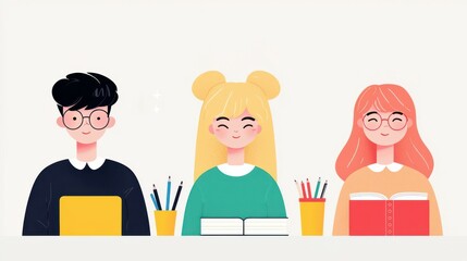 Obraz premium Students setting goals for academic success, motivated expressions and school supplies, flat design illustration