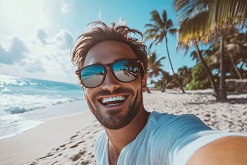 A smiling man takes a selfie on the beach. This photo is perfect for a travel blog or to showcase summer fun.