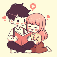 Flat Design Illustration Boy And Girl Reading A Book
