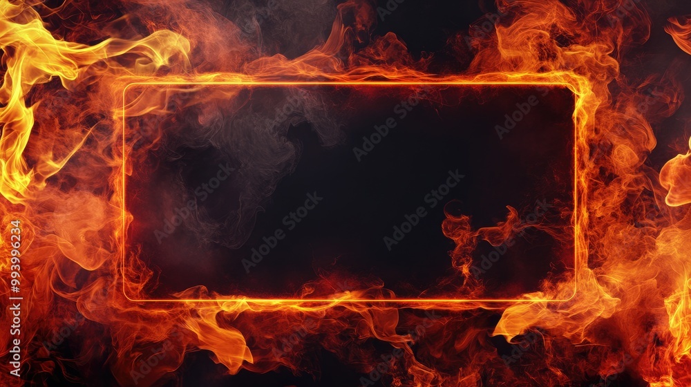 Poster a rectangular frame with intense fire on a dark background, creating a bold and dramatic effect.