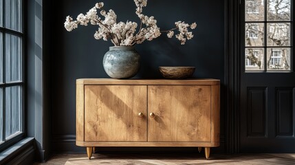 Wooden cabinet with decorative vase and flowers in a stylish interior.