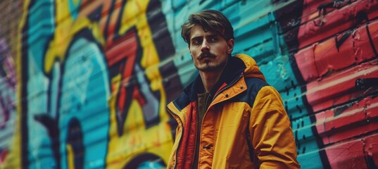 Obraz premium Urban Streetwear Fashion: Man with Mustache Posing Against Vibrant Graffiti Wall