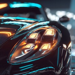 Close up headlight front view detail of modern luxury black sportscar at evening scene