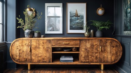 Stylish wooden sideboard with art and plants in a modern interior.