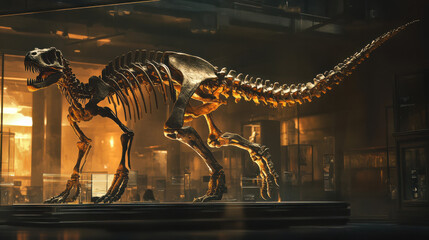 A massive dinosaur skeleton posed in a roaring stance, with its head tilted upwards and ribs clearly visible, under a warm spotlight in a