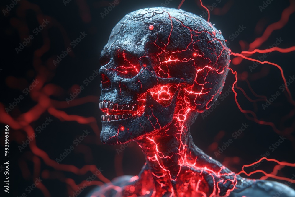 Poster sci fi skeletal figure illuminated with red light representing the intersection of human anatomy and