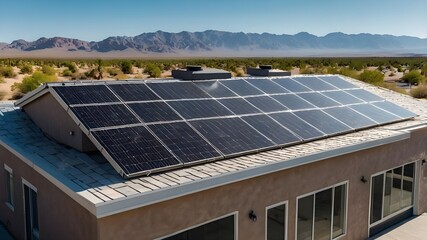 Modern house with solar panels on a roof under blue sky. Generative AI.