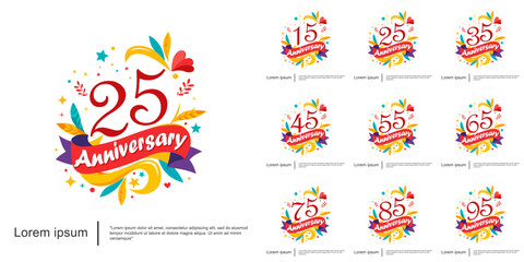 Set of 15-95years anniversary celebration logo isolated colorful and cheerful with leaves, ribbons and stars on white background. vector illustration template design for web, flyers, poster, greeting