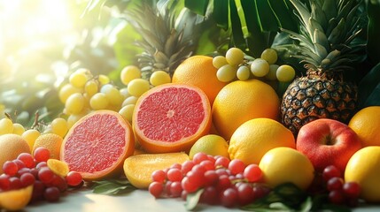 A Vibrant Array of Tropical Fruits on a White Table for Fresh and Healthy Lifestyle Imagery