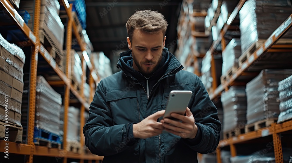 Poster a worker checks inventory in a warehouse. the worker is using a smartphone to check inventory levels