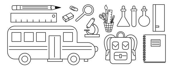linear icon set of stationery and stuff for school and education. icons for logo stickers website poster