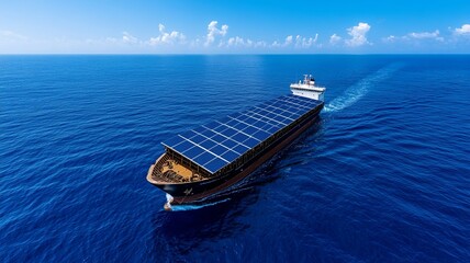 Solar-Powered Cargo Ship Navigating Ocean Waters