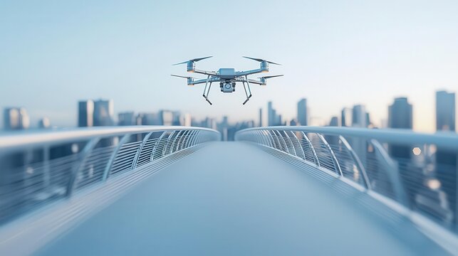 Lightweight aluminum bridge under construction, drones placing modular components with precision, surrounded by a high-tech cityscape, Futurism, 3D Art