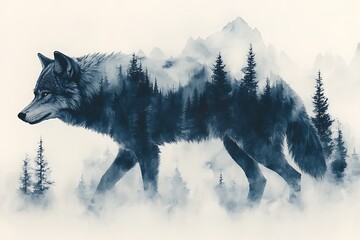 Double exposure wolf and a forest.