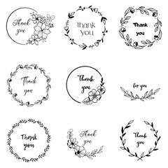 Floral wreaths with thanks quotes. Botanical hand drawn design elements in circle. Nature vector illustration.